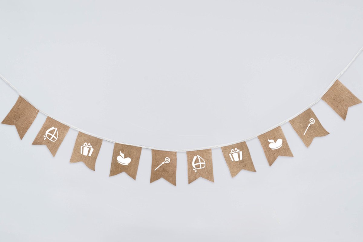 Vlaggenlijn van stof | Jute | Sinterklaas is jarig - 3 meter / 10 vlaggetjes - Sinterklaas slinger van jute met vaandel vlaggetjes - Sint en piet versiering / Sinterklaas decoratie - Herbruikbare stoffen slingers handgemaakt & duurzaam